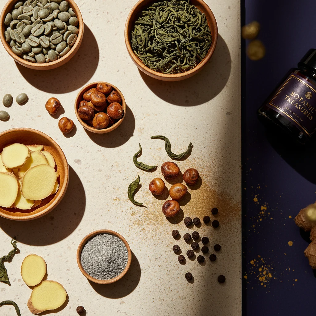 Flat-lay of green coffee beans, green tea leaves, guarana seeds, ginger and other natural botanicals