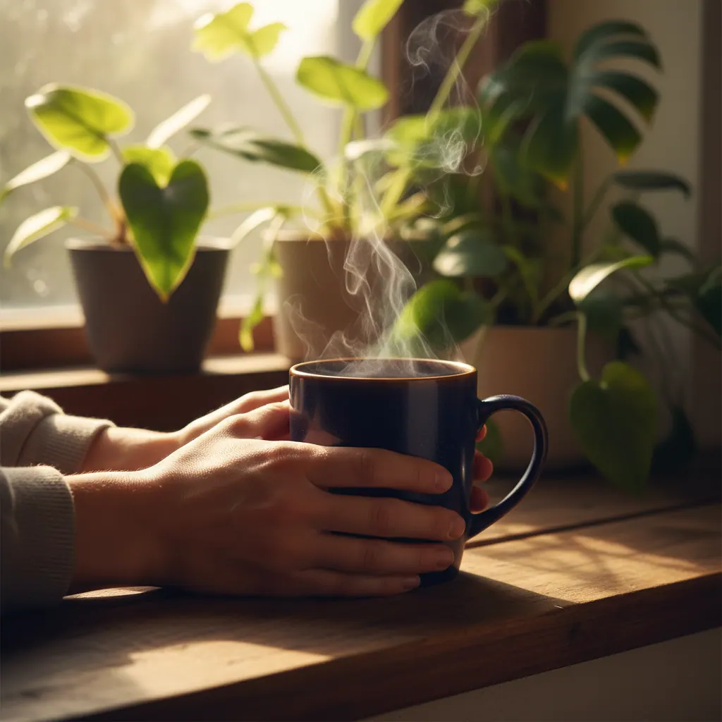 Anonymous person cradling a warm mug on a sunny windowsill